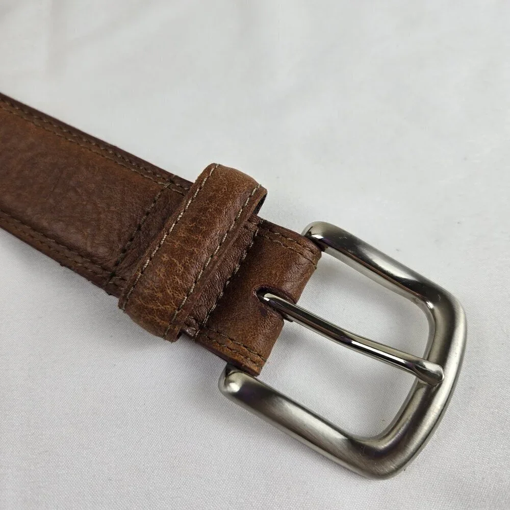 IZOD Size 40 Men's Brown Leather Belt Brushed Silver Tone Hardware